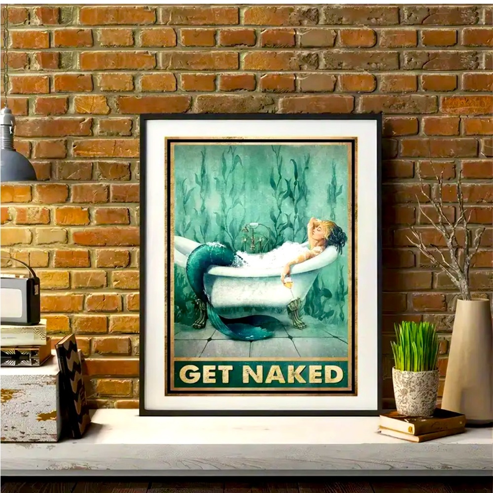 Mermaid in Bathtub “Get Naked” Vintage Look Canvas Poster Print (NWT)